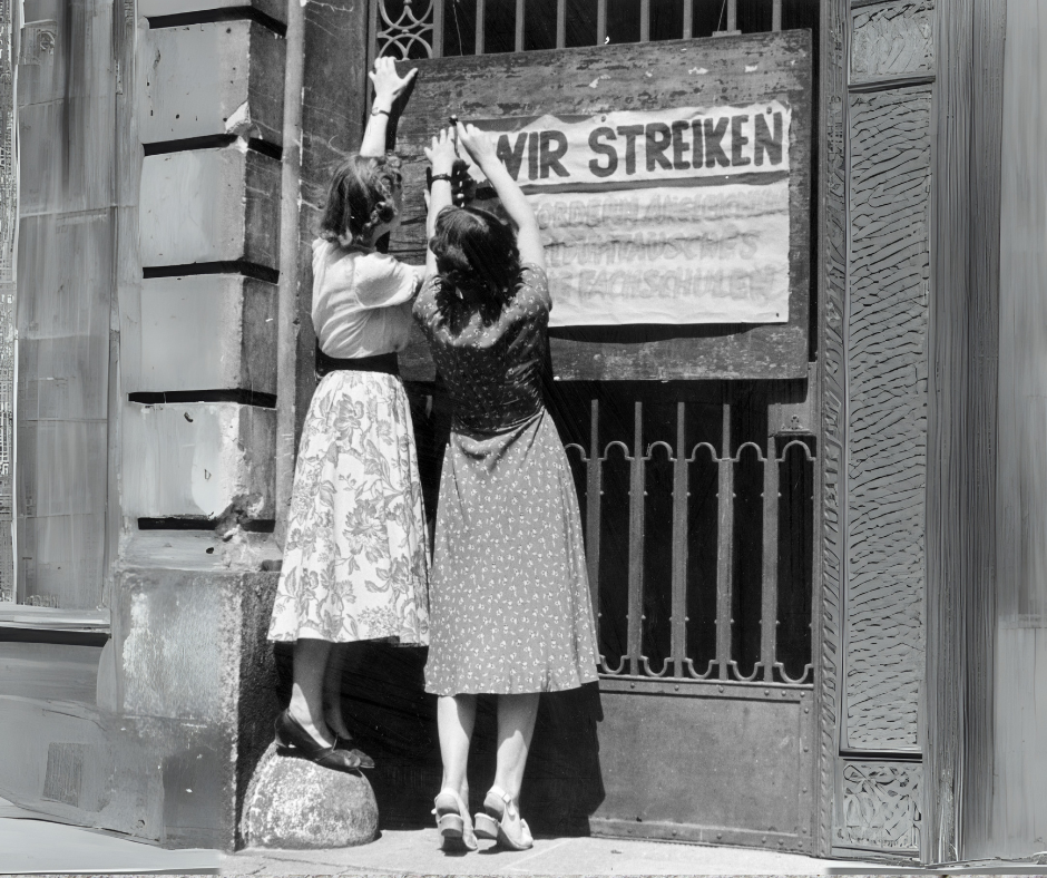 Schwarzweiß Foto vermutlich aus den 1960 ern, zwei Frauen hängen ein Poster auf Text wir streiken