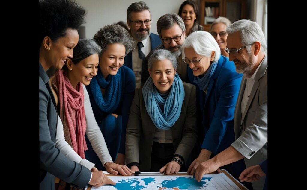 eine Gruppe Frauen, hinten auch ein paar Männer die um einen Tisch mit Arbeitsblättern stehen