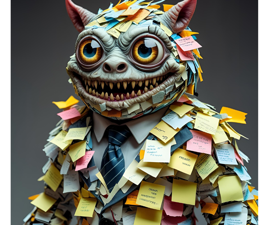 ein phantasiemonster mit riesigen Augen und scharfen zähnen, bekleidet mit einem Anzug aus PostIt und Notizzetteln. Meine ToDo-Liste heisst Trollinchen