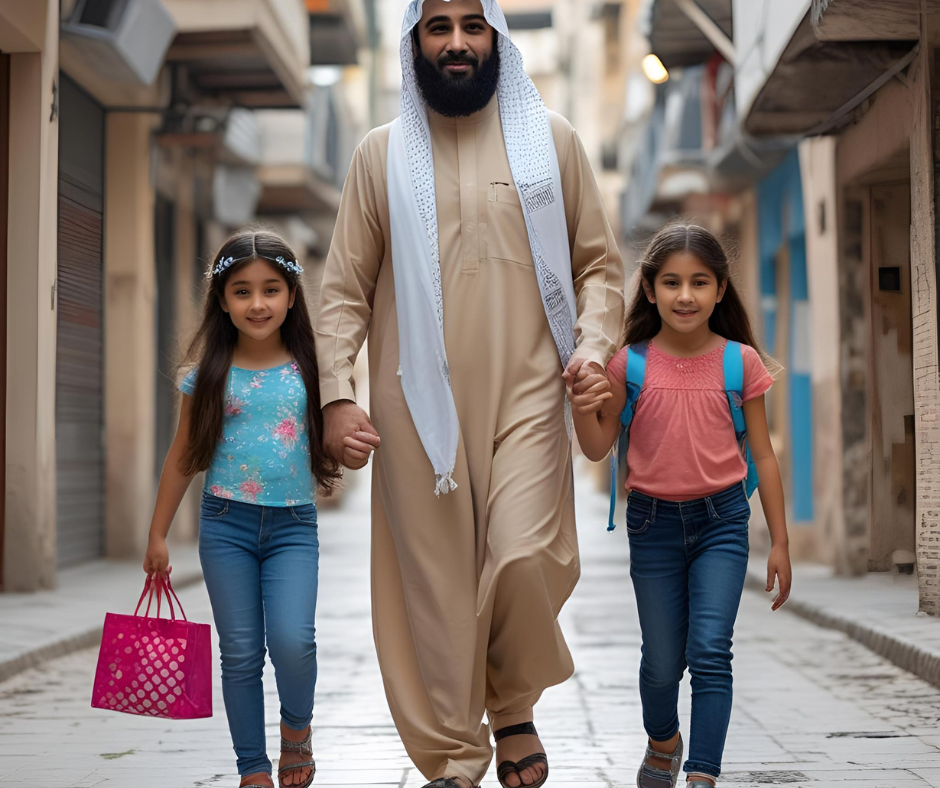 In der Mitte ein Mann in arabischer Kleidung, er führt an jeder Hand ein kleines Mädchen
