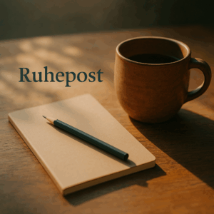 Block und Stift, daneben eine Kaffeetasse für den Newsletter namens Ruhepost. wurde von KI generiert