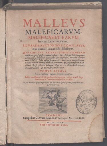 Die Titelseite eines uralten Textes des "hexenhammers"