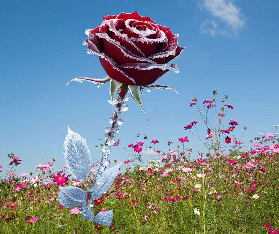 eine in Eis gehüllte Rose mitten auf einer Wiese