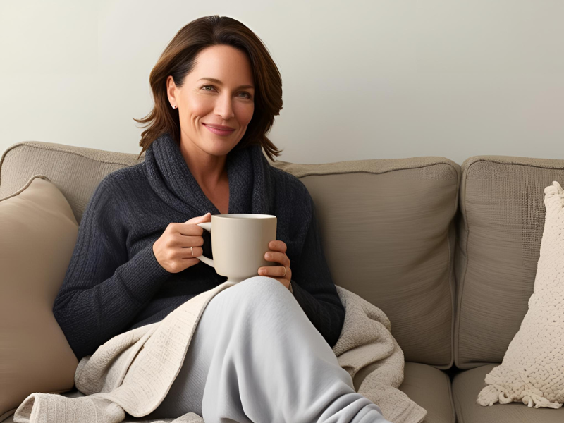 Eine Frau mit dunklen Haaren sitzt auf dem Sofa, eine Tasse Kaffee in der Hand, gemütlich eingewickelt in eine beige Decke