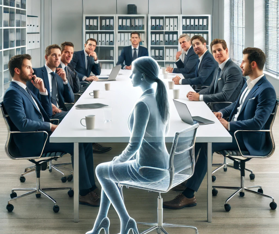 Mit KI erstellt, ein Meeting, am Tisch sitzen lauter Männer, vorne eine Frau, wie durchsichtig, unsichtbar. Unsichtbare Frauen