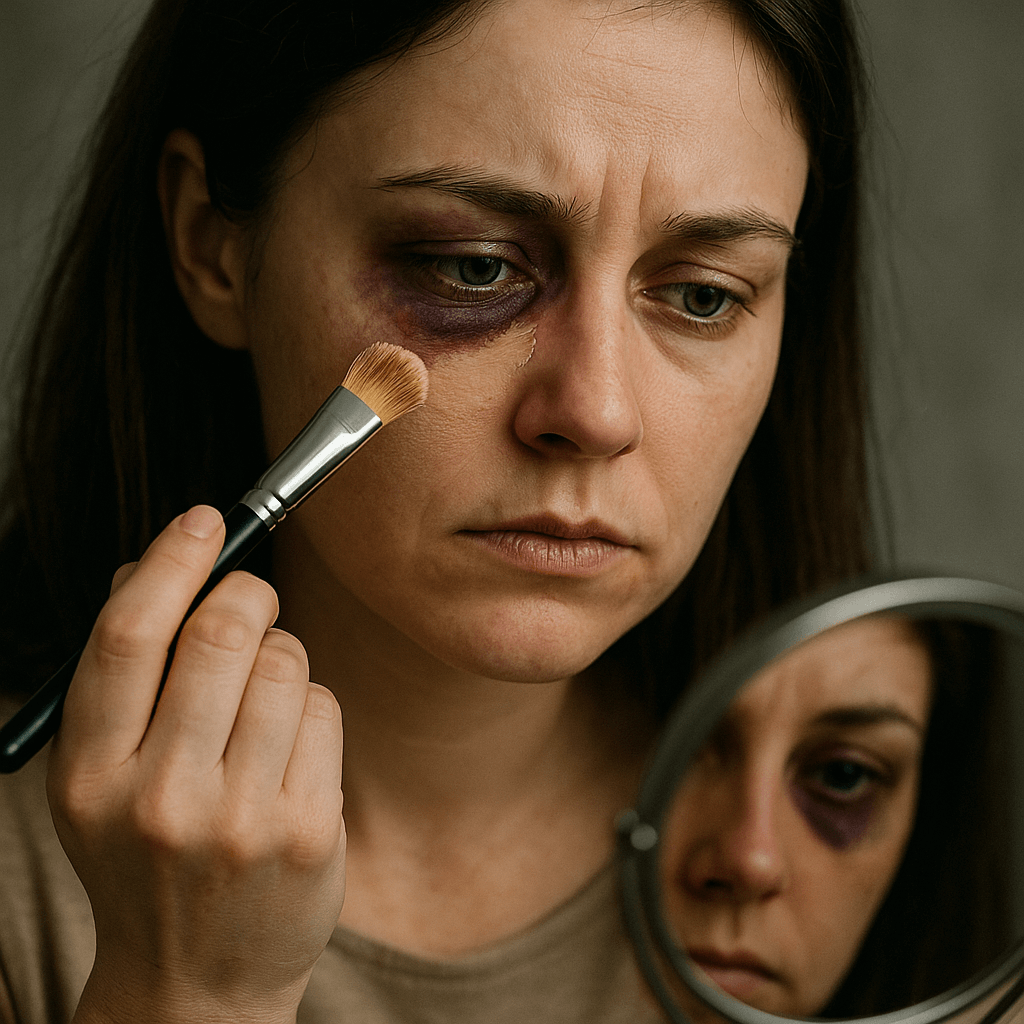Eine Frau überschminkt sich ihr blaues Auge, Symbol für Gewalt gegen Frauen