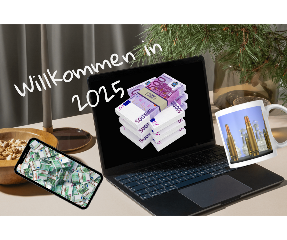 ein Mockup eines Laptops mit Geldbündeln, daneben eine Tasse mit GEwehrpatronen und ein Handymockup mit geldscheinen auf dem Display