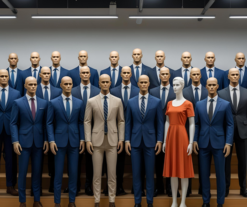 Ein gestelltes Gruppenbild aus Schaufensterpuppen, ganz viele in Anzug und Krawatte, nur eine trägt ein KLeid, Gruppenbild mit zwei Damen