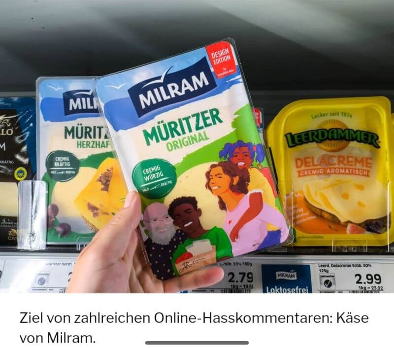 eine der Käsepackungen von Milram die wegen der abgebildeten Menschen einen Shitstorm ausgelöst hat, die Menschen darauf haben unterschiedliche Hautfarbe und Herkunft