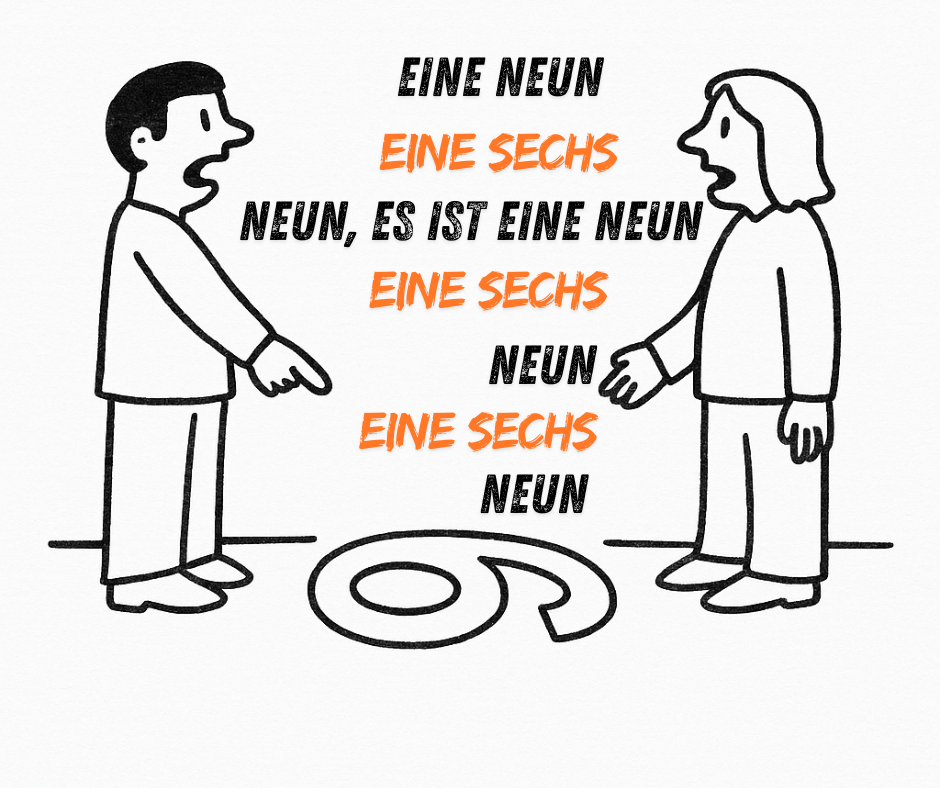 zwei Strichmännchen stehen einander gegenüber zwischen ihnen liegt eine Zahl, einer nimmt sie als 6 wahr, der andere als 9, zuhören was der andere sagt fällt weg