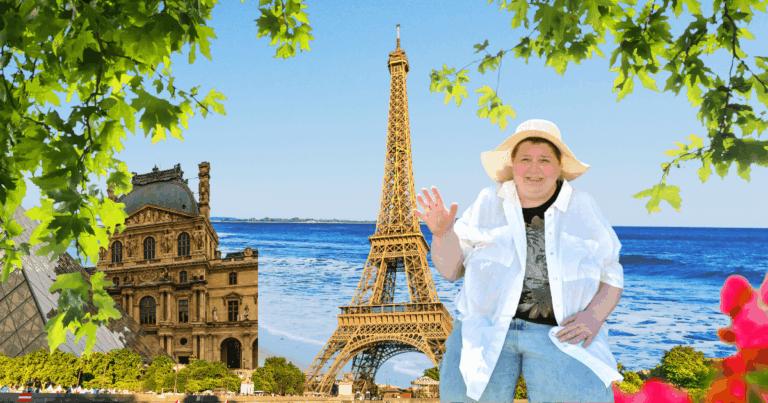 Eine Collage mit Eifelturm, Louvre, dem Meer und Antonia Pointinger