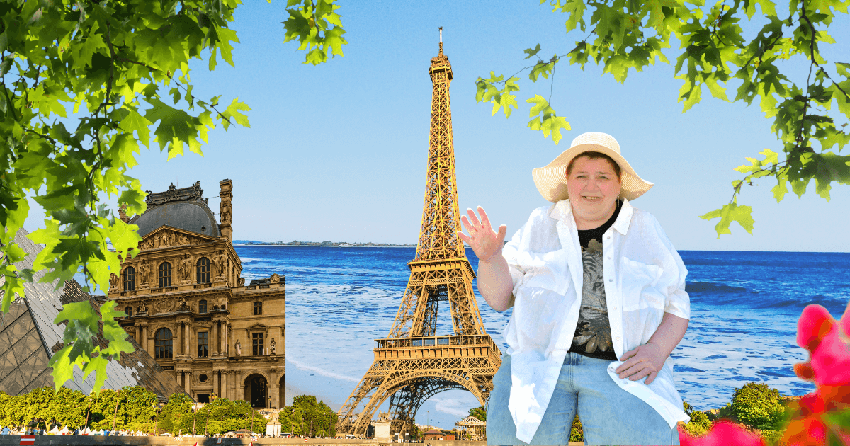 Eine Collage mit Eifelturm, Louvre, dem Meer und Antonia Pointinger